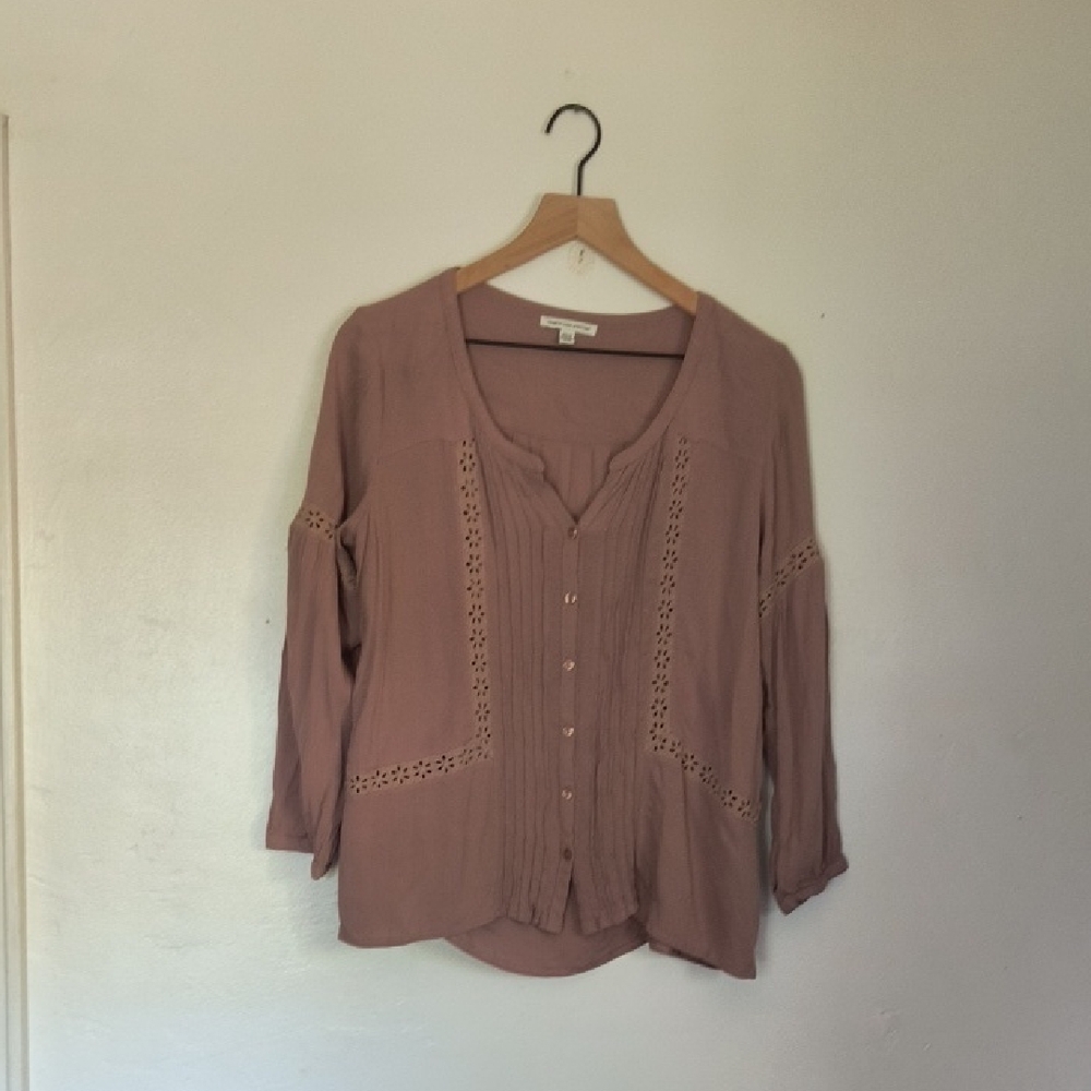 American Eagle Outfitters Boho Dusty Pink 3/4 Sleeve Buttoned Blouse Sz Med Wom